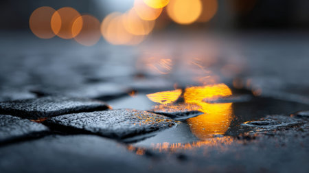 Golden city lights shimmering in puddles on a wet cobblestone street at dusk, creating a warm and inviting atmosphere that captures the essence of an autumn evening in the urban landscapeの素材