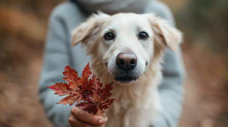Woman holding a vibrant red maple leaf in front of a golden retriever dog, enjoying the beauty of an autumn forest, capturing the essence of the fall seasonの素材