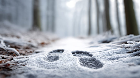 Fresh snow blanketing a forest path in winter creates a tranquil scene, with prominent footprints marking the journey of someone walking through the serene, snowy landscapeの素材