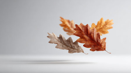 Three dry oak leaves falling against a minimalist white background, creating a serene and evocative autumnal atmosphere, perfect for seasonal projectsの素材