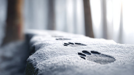 Paw prints crossing a snow covered low stone wall in a tranquil winter forest evoke a sense of mystery and adventure, inviting exploration through the serene landscapeの素材