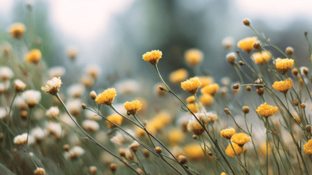 Delicate yellow and white flowers blooming in a meadow during the autumn season, creating a serene and beautiful natural background with a soft bokeh effectの素材