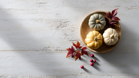 Three pumpkins of varying colors rest in a wooden bowl alongside vibrant autumn leaves and berries, creating a warm and inviting autumnal scene on a white wooden surface with space for textの素材