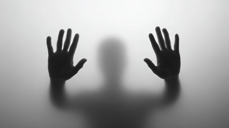Person silhouette pressing both hands against a translucent frosted glass panel, creating a sense of entrapment, fear, and abstract mystery in a dark, confined spaceの素材