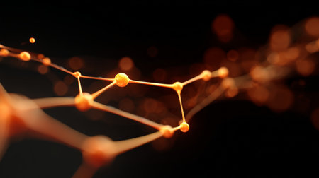 Interconnected orange spheres and lines form a flowing molecular network, evoking data links, neural connections and futuristic nanotechnology against a dark bokeh backdropの素材