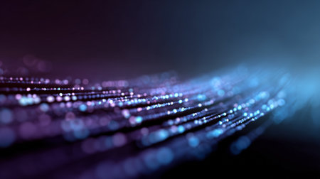 Fiber optic data stream transmitting information representing modern virtual connectivity, digital transformation, and global communication networks with abstract flowing particlesの素材