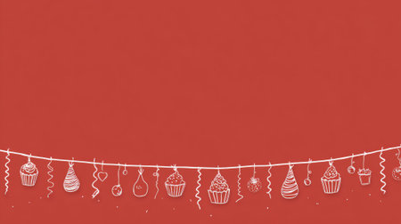 Red background featuring a hand drawn garland with cupcakes, party hats, streamers, and other dessert and celebration themed doodles, creating a festive atmosphere with copy spaceの素材