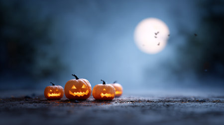 Jack o lanterns with carved faces illuminating a spooky halloween scene under a bright full moon and flying bats, creating a festive and eerie atmosphere in the darknessの素材