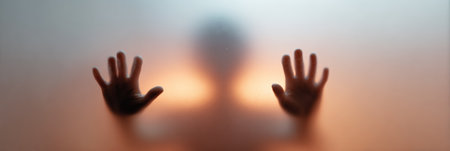 Human silhouette with outstretched hands pressing against translucent frosted glass, conveying themes of fear, loneliness, isolation, and being trapped or confined in a mysterious, abstract spaceの素材