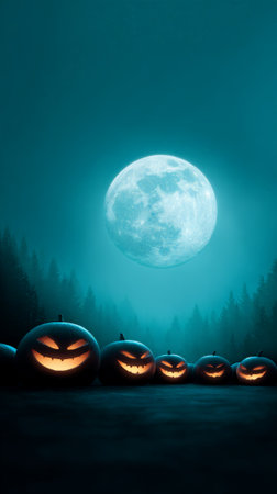 Jack o lantern pumpkins with scary carved faces are glowing in a row on a dark, misty ground beneath a big, bright full moon and silhouetted evergreen forest, creating a spooky night sceneの素材