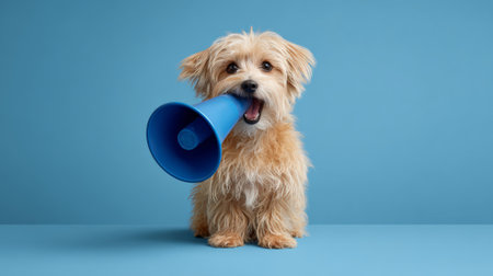 Cute puppy dog making an important announcement or delivering a message using a blue megaphone, symbolizing communication, marketing, and a loud call to actionの素材
