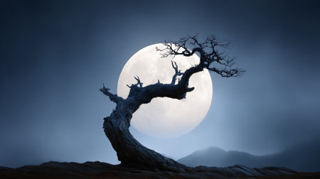 Gnarly, old tree silhouetted against a large, bright full moon in a desolate nighttime landscape, conveying themes of solitude, mystery, and eerie beautyの素材