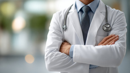 Healthcare professional standing with arms crossed, wearing a white lab coat, shirt, tie, and stethoscope, symbolizing medical expertise, trust, and preventionの素材