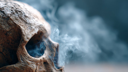 Human skull emitting wisps of light blue smoke from its eye socket and nose, creating a haunting and mysterious atmosphere against a dark background, symbolizing death, mystery, and the supernaturalの素材