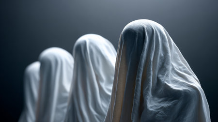 Figures covered by white sheets standing in a row on a dark background, representing concepts of mystery, anonymity, and paranormal activity, ideal for halloween and scary themesの素材