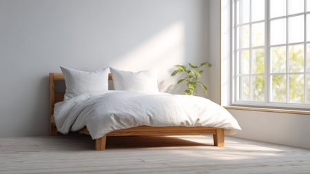 Minimalist bedroom interior featuring a comfortable wooden bed with white bedding, two pillows, and a houseplant, illuminated by natural light streaming through a large windowの素材
