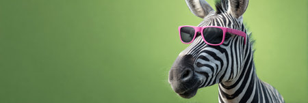 Zebra head shot with stylish pink sunglasses standing against a vibrant green background, creating a fun, quirky, and humorous animal concept for various designsの素材