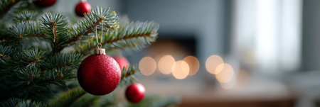 Evergreen fir branch holding a sparkling red ornament with warm bokeh lights in the background, creating a cozy, festive holiday atmosphere perfect for seasonal cards and bannersの素材
