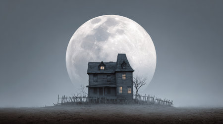 Haunted victorian style house standing on a desolate hill, overlooking a spooky landscape during a halloween night with a large full moon illuminating the eerie fogの素材