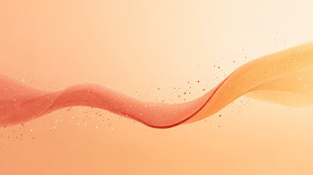 Pink and orange abstract glittering wave moves gracefully against a warm peach background, with shimmering particles scattering through a soft, elegant movementの素材