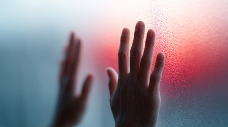 Hands pressing a steamy glass, condensation and blurred reflection against red blue gradient, evoking longing, isolation, connection and quiet emotional tensionの素材