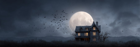 Haunted house standing on a desolate hill with illuminated windows and a flock of bats flying across a large full moon, creating a spooky atmosphere at nightの素材