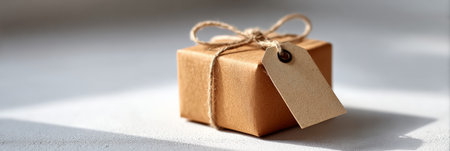 Gift box wrapped with natural brown paper and twine, featuring a blank tag for personalized messages, symbolizing celebration, giving, and appreciationの素材
