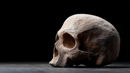 Ancient neanderthal fossil skull with rough texture depicting human evolution, archaeology, and the history of early human ancestors, resting on a dark surface against a black backgroundの素材