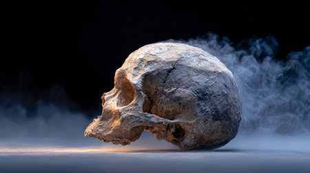 Ancient stone skull displaying rough texture and golden light, emerging from a mysterious cloud of smoke and creating an eerie, somber atmosphere on a dark backgroundの素材