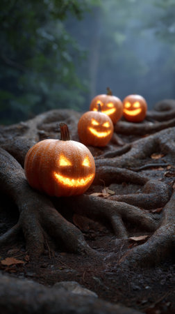 Jack o lanterns with carved smiles and spooky faces glowing orange, illuminating a mysterious forest path with exposed tree roots and fallen autumn leaves, creating an eerie halloween atmosphereの素材