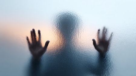 Person silhouette with hands pressing against frosted glass, creating an abstract textured barrier, conveying feelings of confinement, isolation and struggle against obstacleの素材