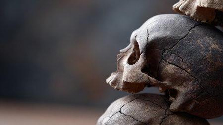Stack of ancient human skulls displaying the concepts of death, mortality, and archeological findings, with visible cracks and aged textures on dark backgroundの素材
