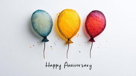 Celebrating anniversary with three colorful balloons rendered in a hand drawn watercolor style, featuring expressive textures and happy anniversary text on a clean white backgroundの素材