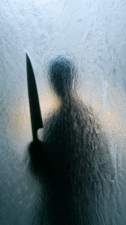 Silhouette of a threatening figure holding a large kitchen knife behind frosted textured glass, evoking fear, suspense, home invasion, danger, and psychological horrorの素材