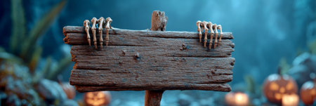 Skeleton hands clutching an old weathered wooden sign at night, surrounded by glowing jack o lanterns and a mysterious, dark background, representing halloween horror and celebrationの素材