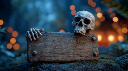 Human skull and skeleton hand are holding a distressed wooden sign, presenting copy space against a blurred background with warm atmospheric bokeh lights, evoking eerie night visualsの素材