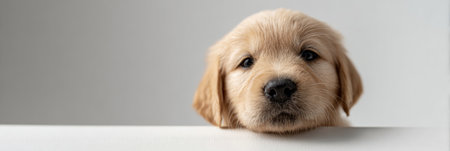 Golden retriever puppy peeking over a white surface, looking directly at the camera with an adorable and innocent expression, representing themes of cuteness, companionship, and new beginningsの素材