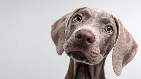 Weimaraner puppy tilting its head to one side, looking directly forward with wide, curious eyes and a wet nose, captured in a close up against a bright grey backgroundの素材