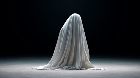 Ghostly figure standing still under dramatic lighting, covered by a flowing white sheet, creating a spooky and mysterious atmosphere on a dark backgroundの素材