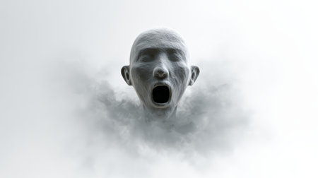 Isolated textured head screaming with mouth wide open, emerging from dark smoke against a light background, symbolizing anguish, fear, and emotional distressの素材