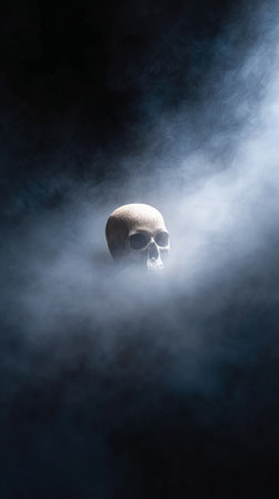 Human skull glowing ominously, emerging through a thick, dark, and mysterious smoky atmosphere, embodying the concepts of mortality, danger, and the unknownの素材