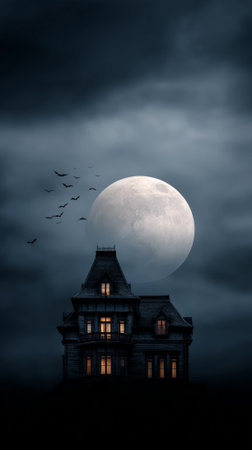Haunted mansion with glowing windows set against a dark, cloudy sky, featuring a large full moon and a flock of silhouetted bats flying, creating a spooky and mysterious halloween atmosphereの素材
