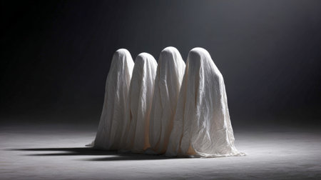 Four mysterious figures covered in white sheets creating a spooky atmosphere, standing huddled together in a dimly lit studio casting long shadows, representing fear and the supernaturalの素材