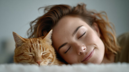 Woman sleeping peacefully, cuddled close with a ginger cat, sharing a quiet, tender moment of warmth, comfort and gentle companionship at homeの素材