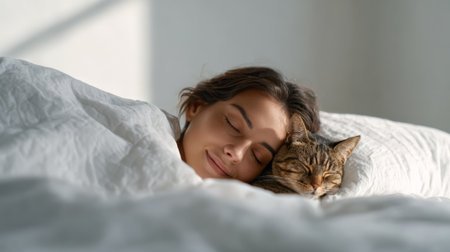 Woman and her tabby cat cuddling together, happily sleeping in a clean white bed with soft pillows and blankets, enjoying a peaceful morning nap or restful nightの素材