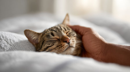 Human hand gently stroking the head of a peaceful tabby cat with closed eyes, resting comfortably on a soft white blanket, demonstrating care, relaxation, and the bond between pet and ownerの素材