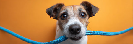 Happy jack russell terrier dog eagerly holding a blue leash in its mouth, looking directly at the viewer with wide eyes against a vibrant orange background, anticipating an outdoor adventureの素材