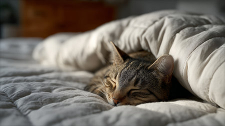 Tabby cat resting peacefully under a white duvet on a cozy bed, enjoying a warm ray of sunlight highlighting its fur, embodying comfort and relaxationの素材