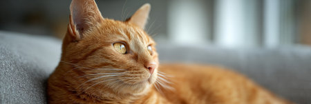 Ginger tabby cat relaxing and resting indoors, showing its head and part of its body while looking away from the camera, with soft natural light illuminating its furの素材