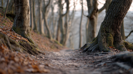Winding forest path through autumn woods, exposed tree roots and scattered leaves under dappled sunlight, evoking a tranquil journey and peaceful outdoor explorationの素材